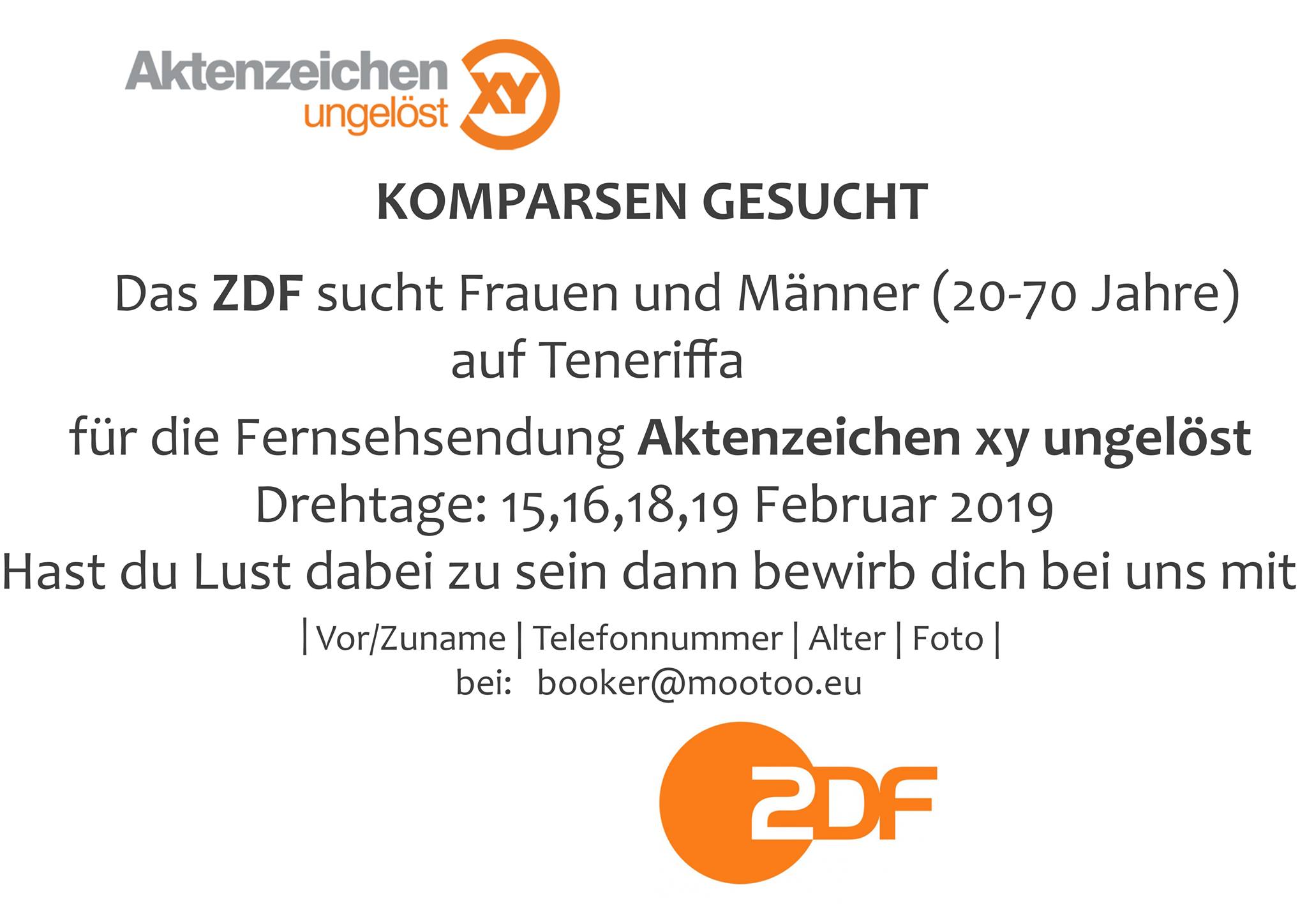 ZDF sucht auf Teneriffa Komparsen für “Aktenzeichen XY ungelöst”